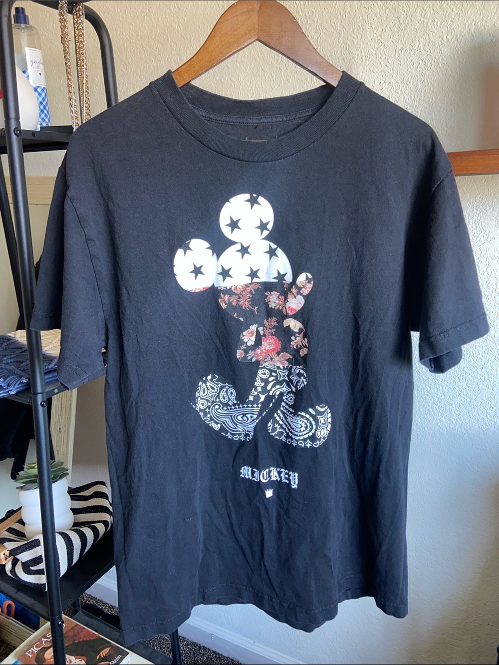 Disney Black Tee with Floral & Bandana Mickey Silhouette